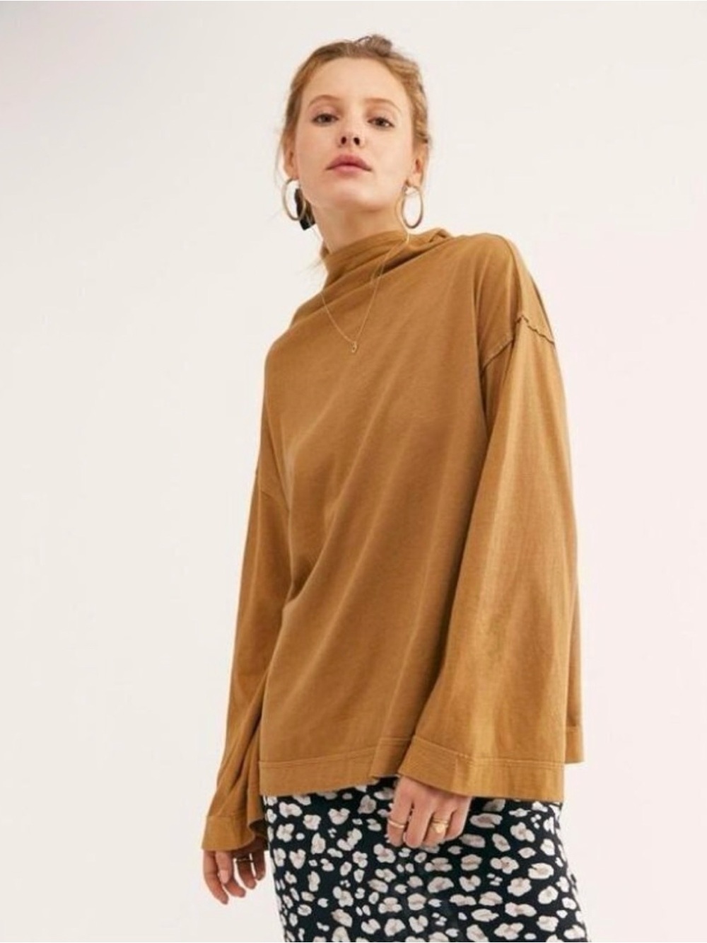 We the Free Supernova Long Sleeve Tee Knit Top Mustard Boho Cowl Neckline
